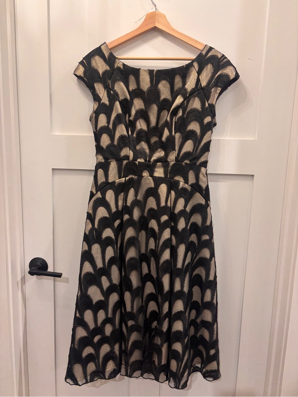 Eva Franco Black and Cream Scallop-Pattern Fit-and-Flare Dress